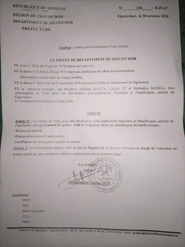 Départ de Condé: Le préfet de Ziguinchor interdit la rencontre (DOCUMENT) Départ de Condé: Le préfet de Ziguinchor interdit la rencontre (DOCUMENT)