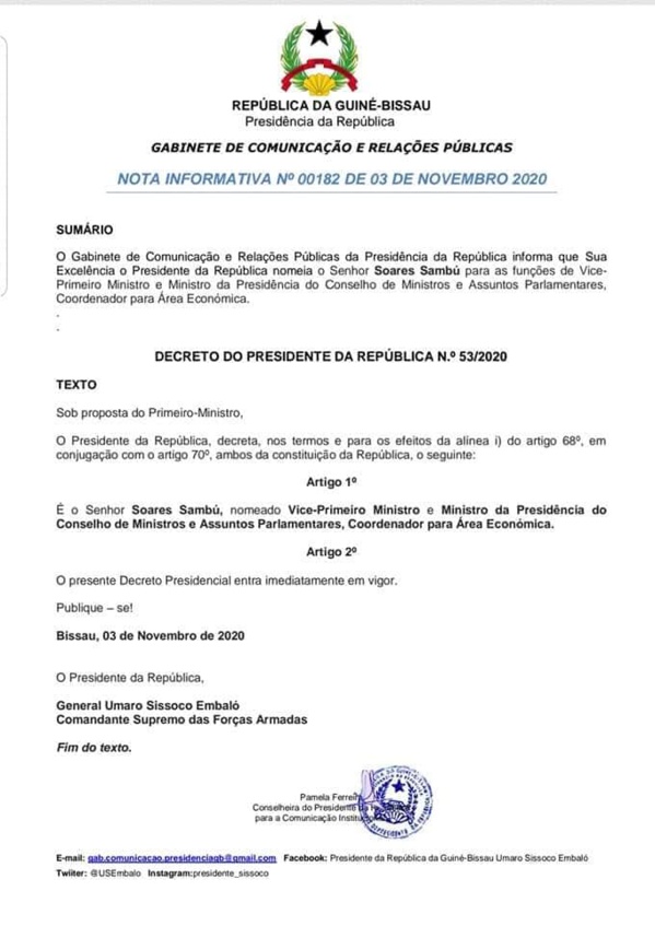 Bissau: Embaló remanie son gouvernement et crée le poste de "Vice Premier Ministre" (Documents)