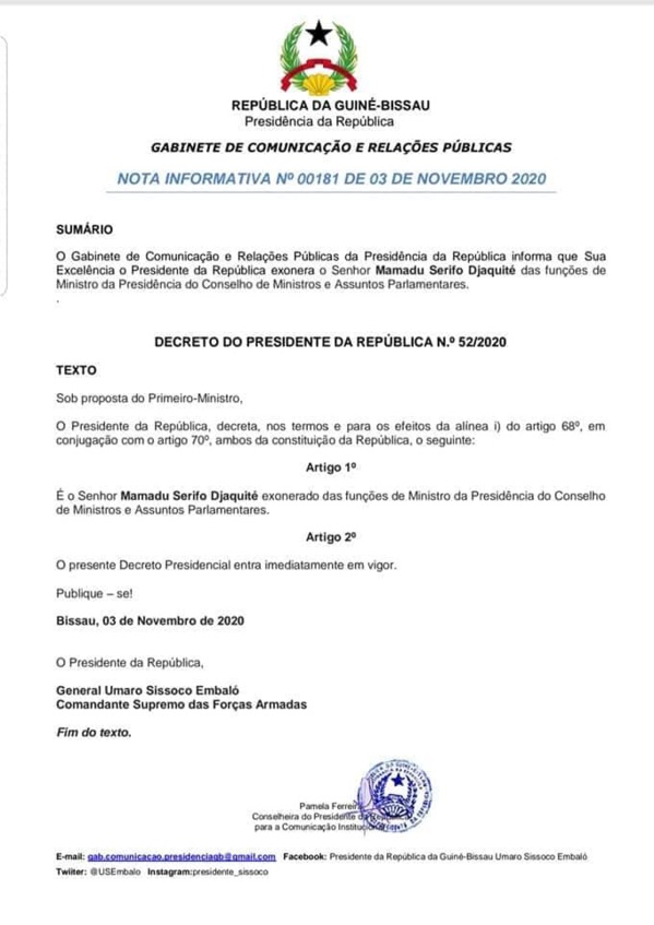 Bissau: Embaló remanie son gouvernement et crée le poste de "Vice Premier Ministre" (Documents)