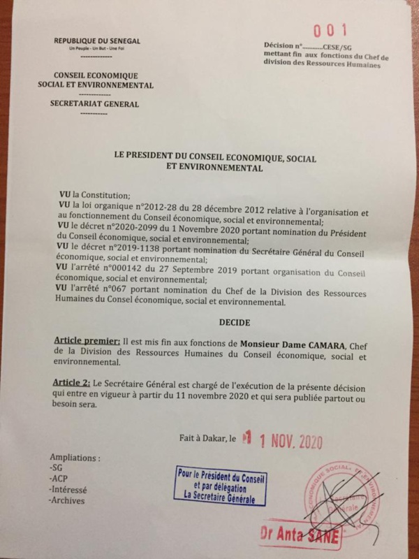 CESE : Le président Idrissa Seck limoge le DRH et le DAF (documents) CESE : Le président Idrissa Seck limoge le DRH et le DAF (documents)