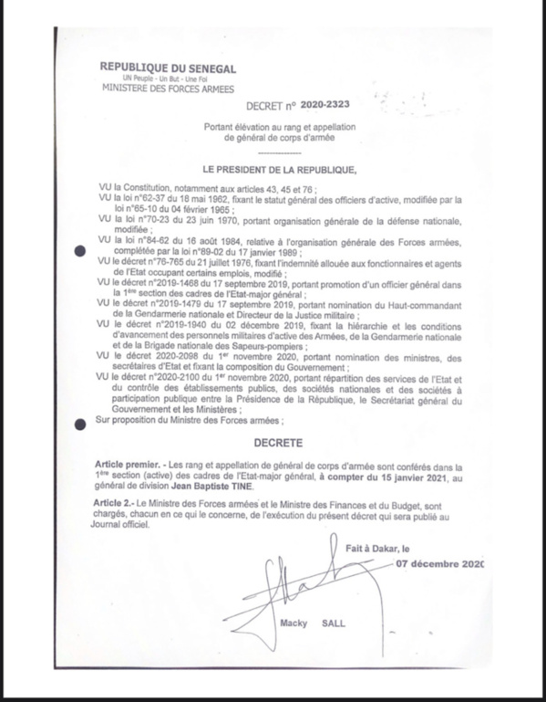 GENDARMERIE: Jean Baptiste Tine promu Général de Corps d’Armée (DÉCRET)