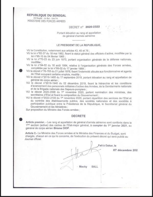Armée aérienne sénégalaise : Le Général Birame Diop promu. (DÉCRET) Armée aérienne sénégalaise : Le Général Birame Diop promu. (DÉCRET)