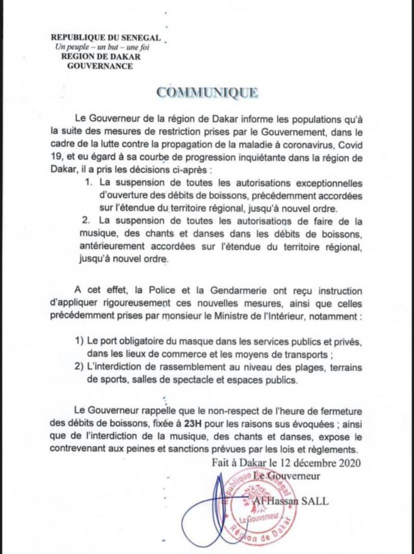 COVID-19: Le Gouverneur de Dakar annonce la fermeture des débits de boissons à partir de 23H 