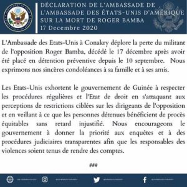 Mort d’un opposant guinéen en prison : Les USA se prononcent Mort d’un opposant guinéen en prison : Les USA se prononcent