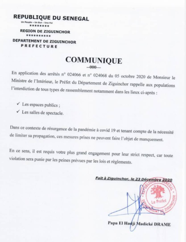 Le préfet de Ziguinchor avertit : ‘’Toute violation sera punie par les lois et règlements’’
