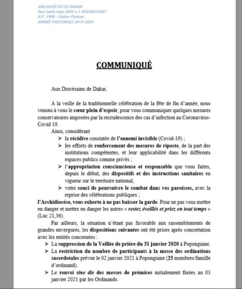 Réveillon du nouvel an : L’Eglise annule la messe du 31 décembre de Popenguine (Communiqué)
