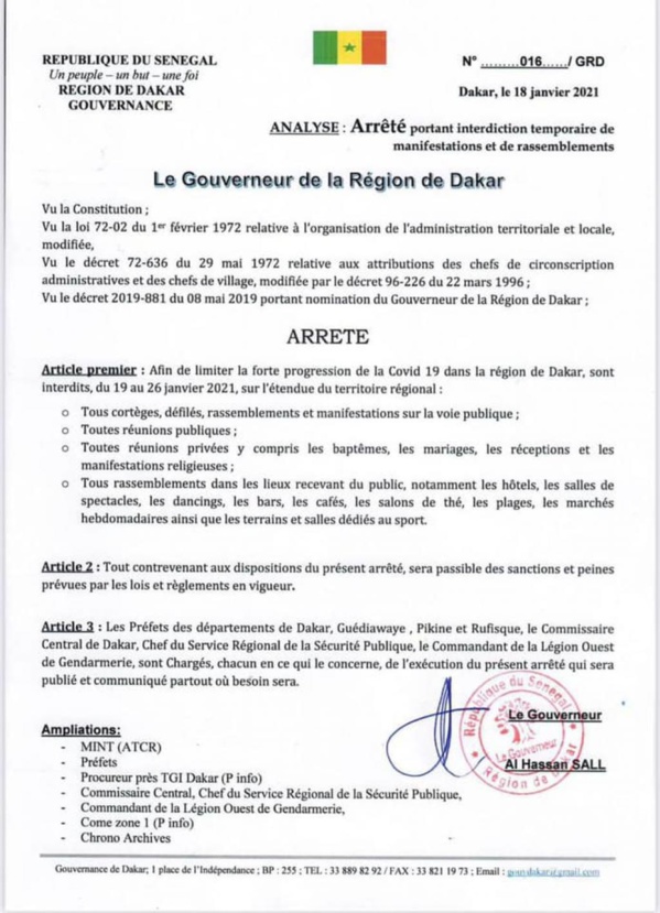 Couvre-feu: L'arrêté du Gouverneur de Dakar (Document)
