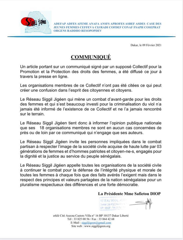 Affaire Adji Sarr : Le réseau "Siggil Jigeen" se démarque et assène ses vérités (Document) Affaire Adji Sarr : Le réseau "Siggil Jigeen" se démarque et assène ses vérités (Document)