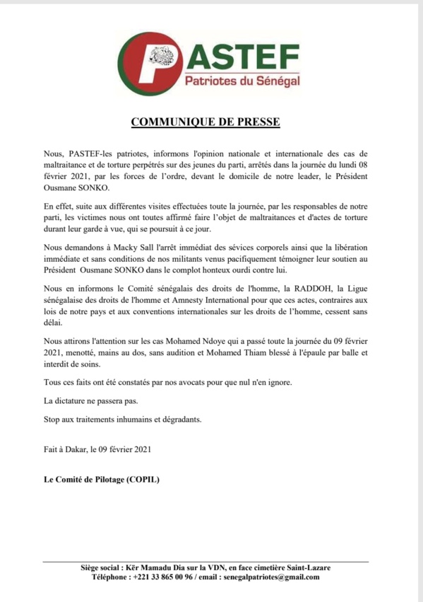 ALERTE ! Des militants de PASTEF torturés dans plusieurs lieux de détention (Communiqué) ALERTE ! Des militants de PASTEF torturés dans plusieurs lieux de détention (Communiqué)