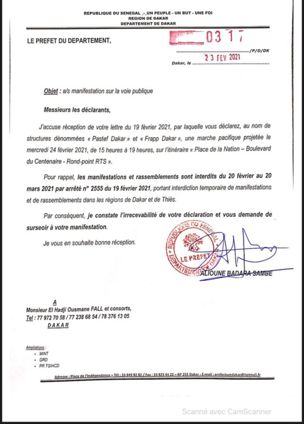 Le préfet de Dakar interdit la marche de Frapp-Pastef de ce mercredi