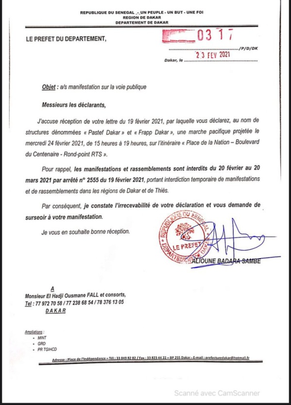 Le préfet de Dakar interdit la marche de Frapp-Pastef de ce mercredi Le préfet de Dakar interdit la marche de Frapp-Pastef de ce mercredi