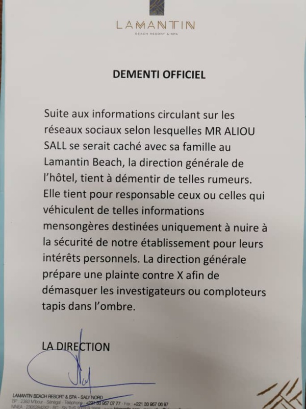 Aliou Sall se cache avec sa famille au "Lamantin Beach" : La direction de l'hotel dément 