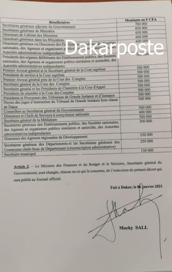 Le Pr Macky Sall alloue une indemnité forfaitaire à certains personnels de l'Etat et...(DÉCRET)