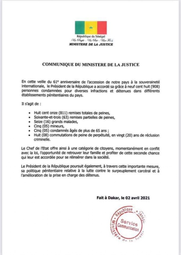 Les détails sur les 908 détenus graciés par le Président Macky Sall... Les détails sur les 908 détenus graciés par le Président Macky Sall...