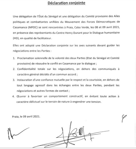 Conflit armé en Casamance: Rencontre entre l'Etat du Sénégal et le MFDC à Praia (Document)