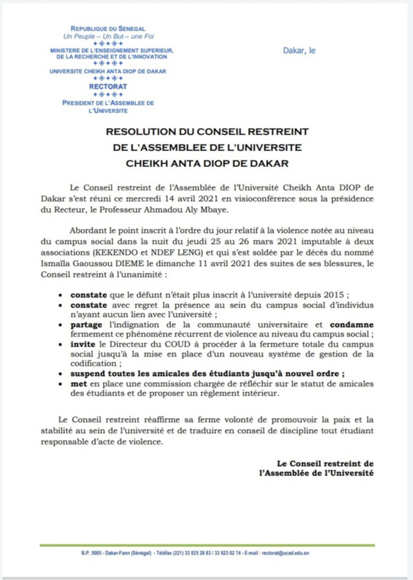Violence à l’UCAD : Le conseil restreint suspend toutes les amicales (Document) Violence à l’UCAD : Le conseil restreint suspend toutes les amicales (Document)