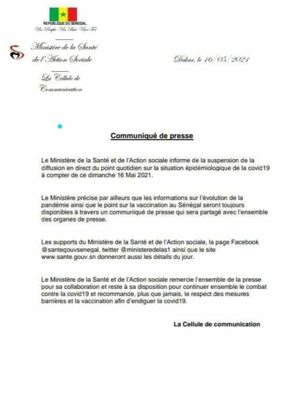 Covid-19 :  La diffusion en direct du point de situation suspendue