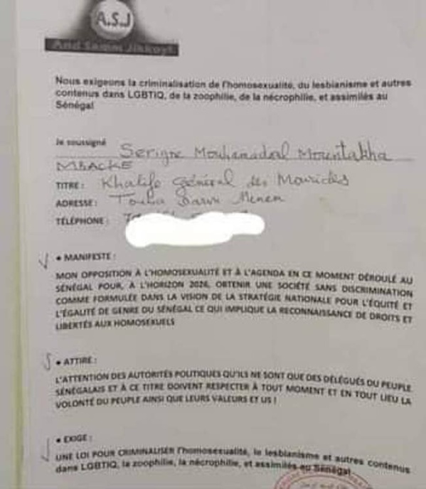 Serigne Mountakha MBACKÉ dit Oui à la criminalisation de l’homosexualité (Document)