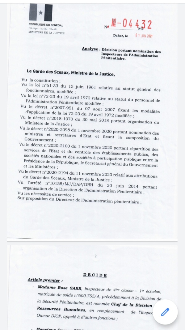 Évasion de Boy Djinné : Le Directeur de la prison du Camp Pénal limogé (Documents) Évasion de Boy Djinné : Le Directeur de la prison du Camp Pénal limogé (Documents)