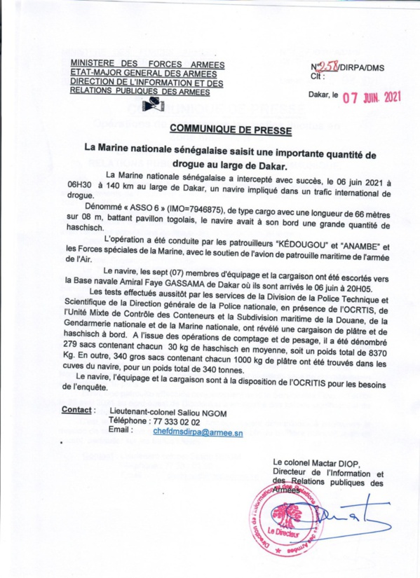 Trafic de drogue : Les révélations explosives sur le Navire Cargo "ASSO 6 " intercepté par la marine nationale ... Trafic de drogue : Les révélations explosives sur le Navire Cargo "ASSO 6 " intercepté par la marine nationale ...
