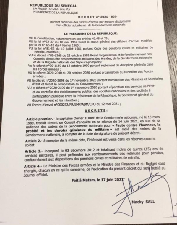 Le capitaine Omar Touré radié des cadres de la gendarmerie  (Document)