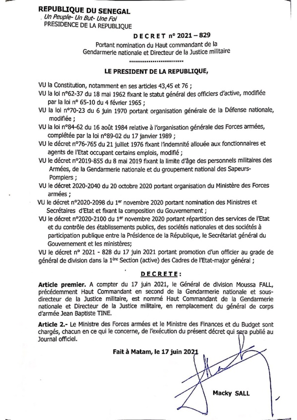 Le Général Moussa Fall, nouveau patron de la Gendarmerie nationale (Document)