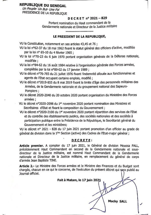 Le Général Moussa Fall, nouveau patron de la Gendarmerie nationale (Document) Le Général Moussa Fall, nouveau patron de la Gendarmerie nationale (Document)