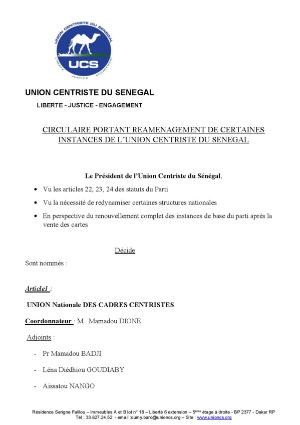 Voici la Circulaire portant réaménagement de certaines instances de l’Union Centriste du Senegal Voici la Circulaire portant réaménagement de certaines instances de l’Union Centriste du Senegal
