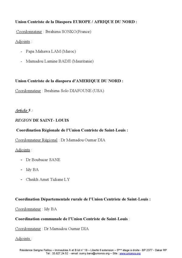 Voici la Circulaire portant réaménagement de certaines instances de l’Union Centriste du Senegal Voici la Circulaire portant réaménagement de certaines instances de l’Union Centriste du Senegal