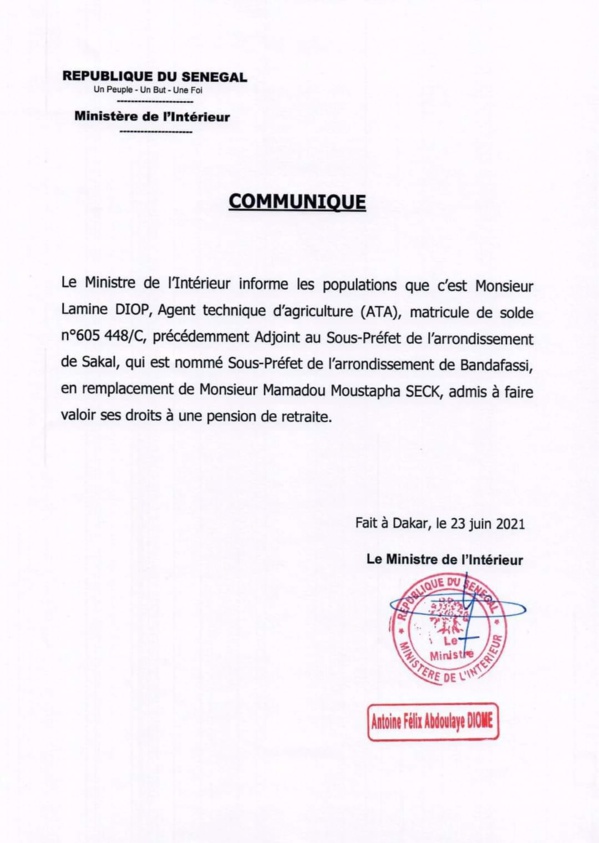 Insolite : l'Adjoint au Préfet de Thies décédé, nommé sous-préfet de l’arrondissement de Bandassi