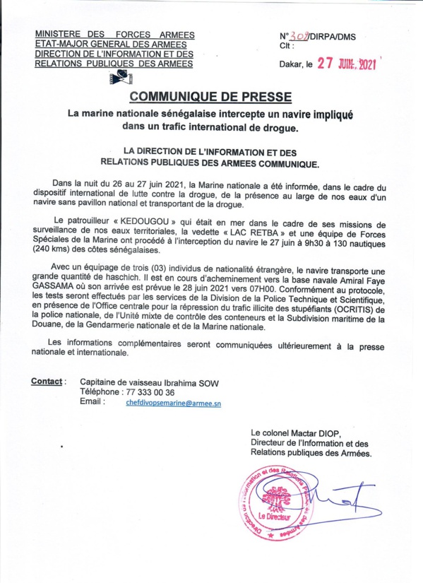 Trafic de Drogue : La marine Sénégalaise intercepte encore un navire étranger (DOCUMENT) Trafic de Drogue : La marine Sénégalaise intercepte encore un navire étranger (DOCUMENT)
