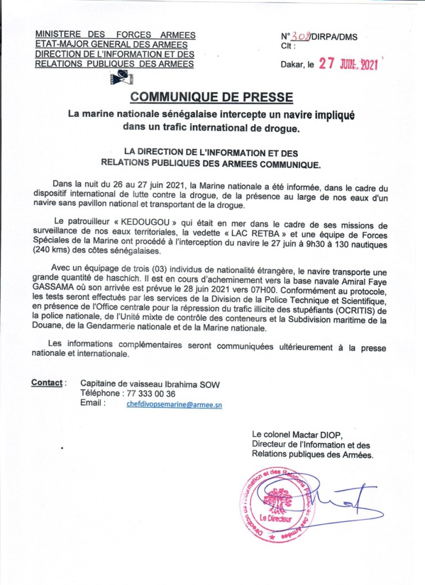 Trafic de Drogue : La marine Sénégalaise intercepte encore un navire étranger (DOCUMENT)