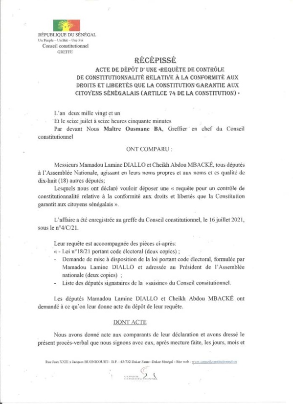 MODIFICATION DU CODE ÉLECTORAL : Un recours déposé devant le conseil constitutionnel