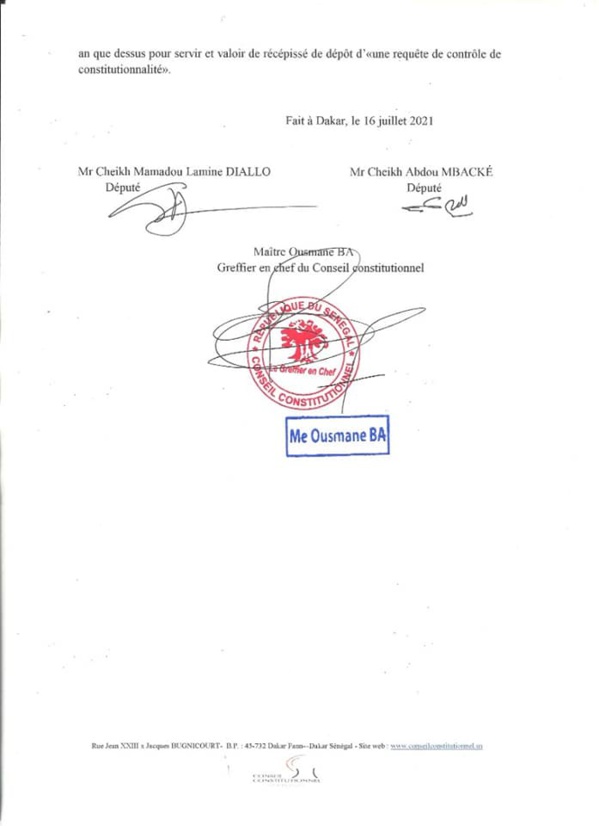 MODIFICATION DU CODE ÉLECTORAL : Un recours déposé devant le conseil constitutionnel MODIFICATION DU CODE ÉLECTORAL : Un recours déposé devant le conseil constitutionnel