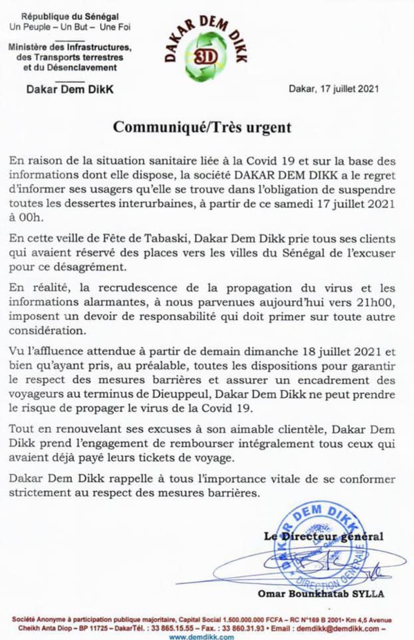 URGENT : La société "Dakar Dem Dikk" suspend ses désertes interurbaines (Document)