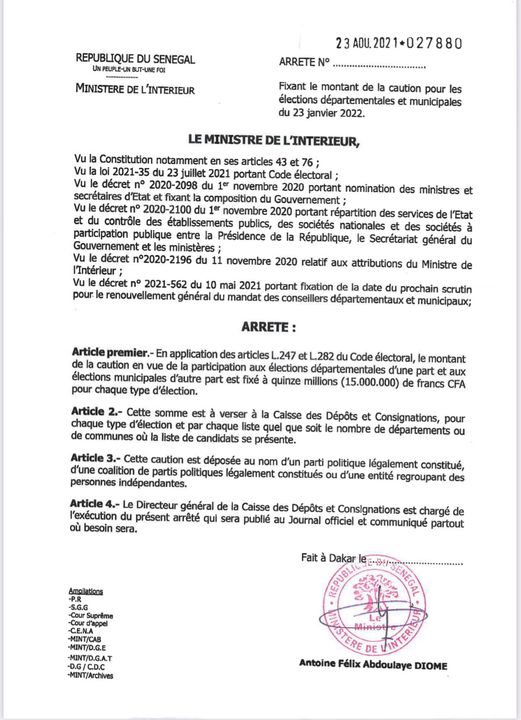 Elections locales : Antoine DIOME fixe la caution à 30 millions F CFA (document)