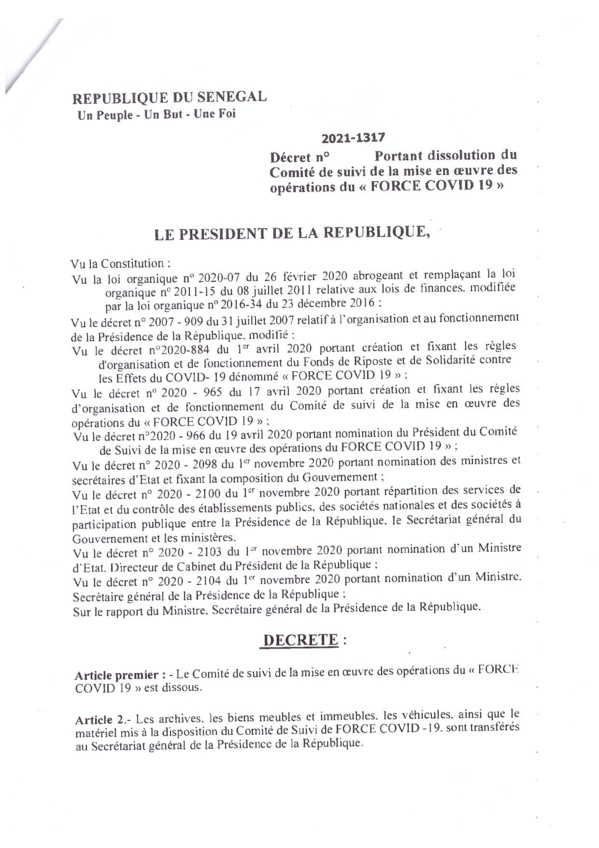 Macky dissout le comité de suivi du fonds force Covid-19 (Documents) Macky dissout le comité de suivi du fonds force Covid-19 (Documents)