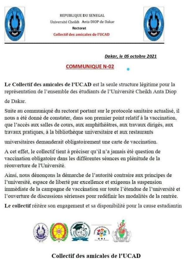 Ucad : Les étudiants s’opposent à la vaccination obligatoire et exigent la suspension de la campagne