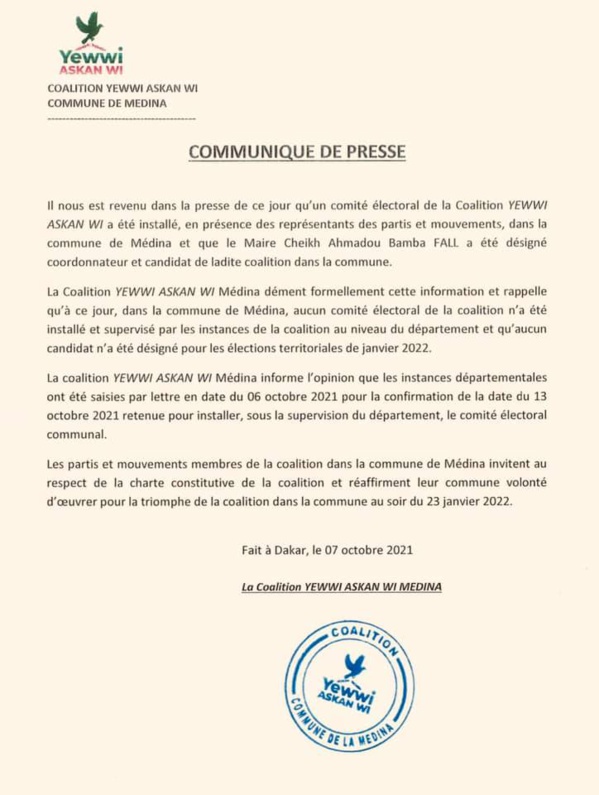 Investiture de Bamba Fall : La coalition "Yewwi Askan Wi" Médina, dément et précise... Investiture de Bamba Fall : La coalition "Yewwi Askan Wi" Médina, dément et précise...
