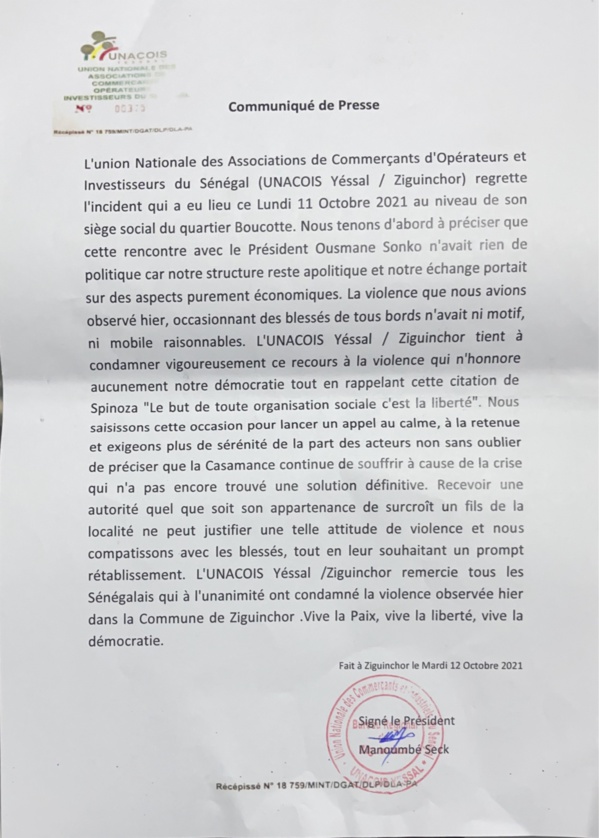 Les précisions de l'Unacois "Yessal" : «Notre rencontre avec Ousmane Sonko n’avait rien de politique» (DOCUMENT) Les précisions de l'Unacois "Yessal" : «Notre rencontre avec Ousmane Sonko n’avait rien de politique» (DOCUMENT)