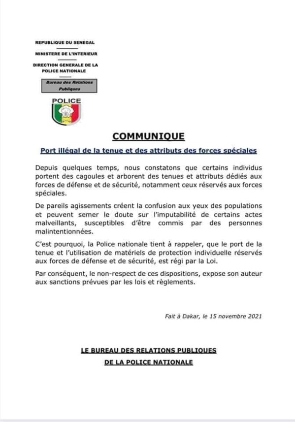 Port illégal de tenue et des attributs des forces spéciales : La Police nationale met en garde contre 