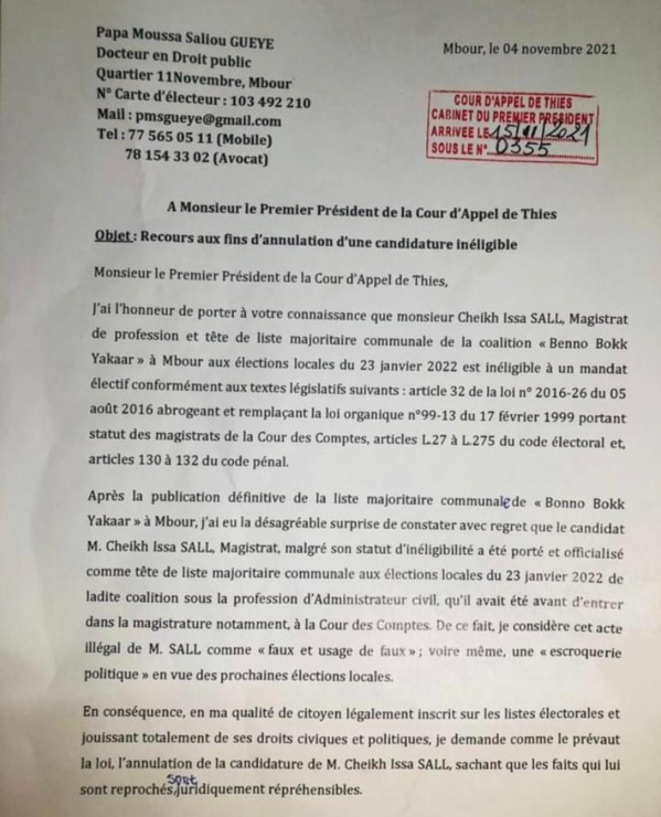 Locales 2022 à Mbour : vers l'annulation de la candidature Cheikh Issa Sall de BBY ?
