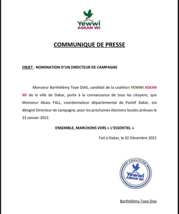 Elections locales : Barthélemy Diaz désigne son directeur de campagne Elections locales : Barthélemy Diaz désigne son directeur de campagne