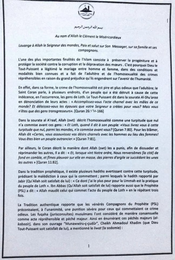 Rejet de la loi sur l’homosexualité par les députés de Benno: Serigne Mountakha dénonce Rejet de la loi sur l’homosexualité par les députés de Benno: Serigne Mountakha dénonce