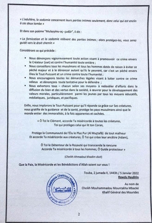 Rejet de la loi sur l’homosexualité par les députés de Benno: Serigne Mountakha dénonce Rejet de la loi sur l’homosexualité par les députés de Benno: Serigne Mountakha dénonce