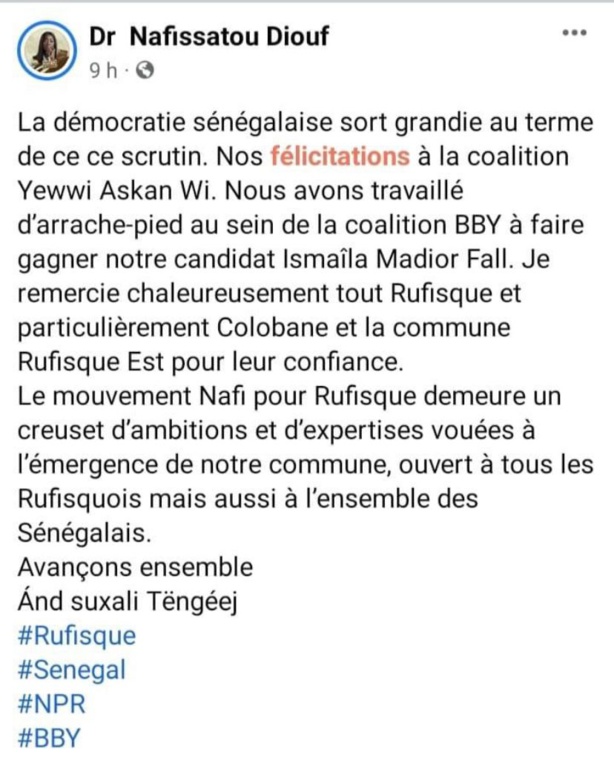 Rufisque : Nafissatou Diouf félicite "Yewwi Askan Wi" avant de supprimer son post sur facebook