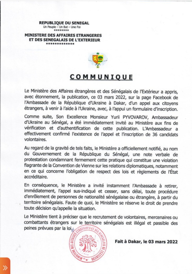 Recrutement de citoyens sénégalais pour combattre en Ukraine : La réaction du gouvernement de Macky Recrutement de citoyens sénégalais pour combattre en Ukraine : La réaction du gouvernement de Macky