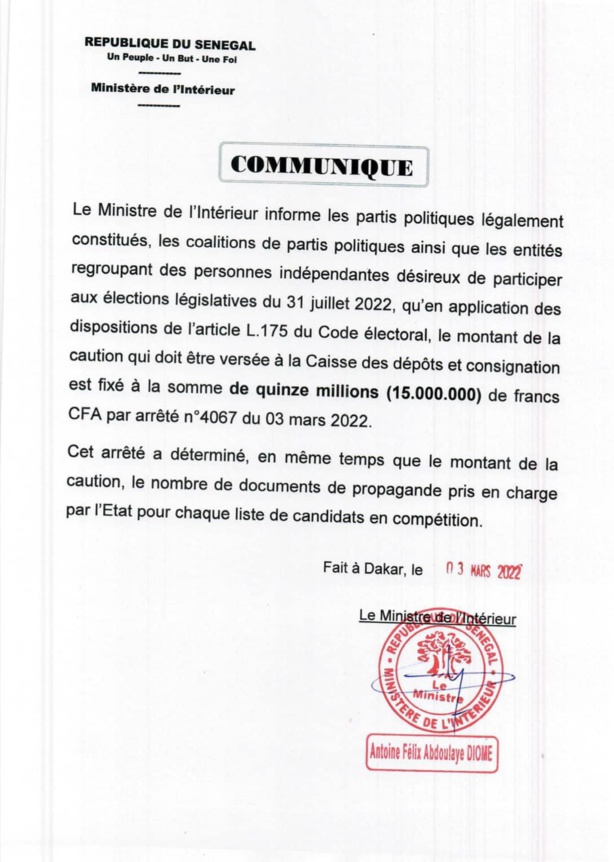 Législatives 2022 : Le ministre de l'intérieur, Antoine DIOME fixe la caution à... (Document)