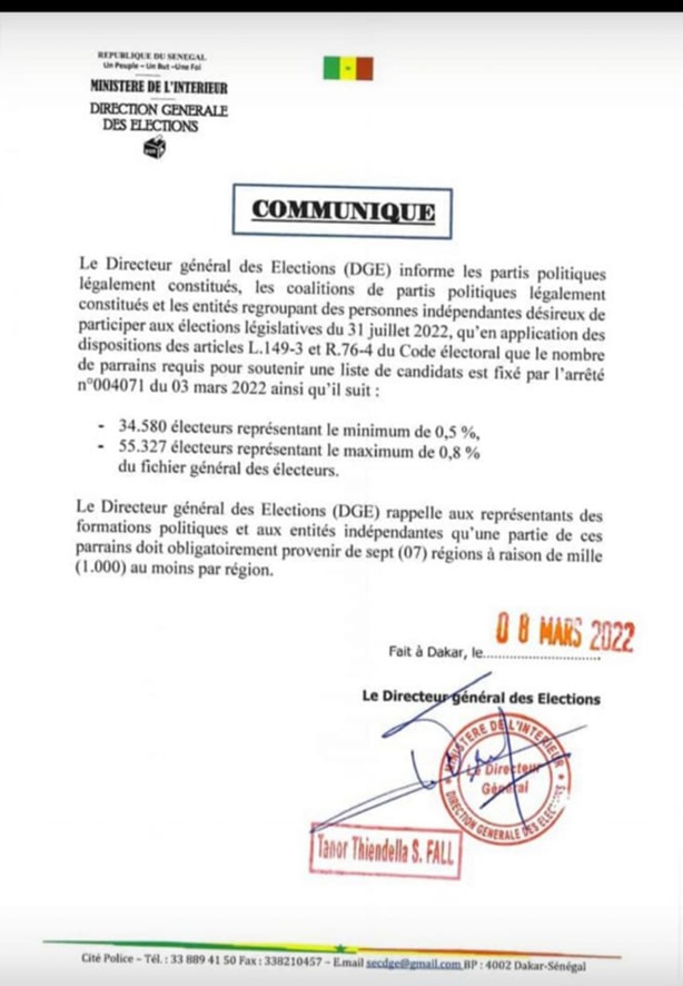 Parrainages pour les législatives 2022 : La DGE fixe les règles Parrainages pour les législatives 2022 : La DGE fixe les règles