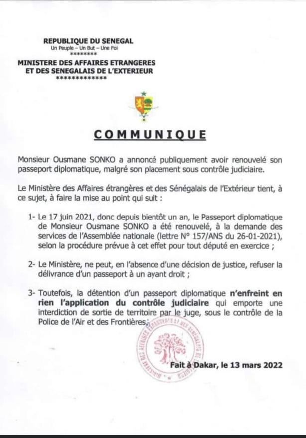 Passeport diplomatique de Sonko : La réaction du ministère des Affaires étrangères Passeport diplomatique de Sonko : La réaction du ministère des Affaires étrangères